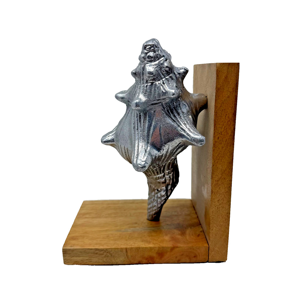 Vintage Cast Metal Shell Bookends Wood Base Made in India Nautical Decor - Picture 5 of 12